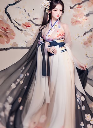 1 (slim:1.4) traditional beauty, elegant, charming, wearing (hanfu, Hanbok), (breast-high ru skirt:1.2), warm color dressing style, sheer, look through, black hair, delicate accessory, (solo:1.5), masterpieces, best quality, high resolution, bright scene, soft color, low contrast, (ink painting floral background:1.7), (blurred background, Chinese background:1.2), ru skirt, (less exposed:1.2)