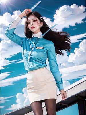 1 slim lady with beautiful face, long hair, black hair, wearing blue (stain) shirt and white pencil skirt, silk scarf, name tag, flight badge, hairpin, standing, black pantyhose, from below, sunlight, high contrast, outdoor, cloud, (airplane taking off:0.6), wind, 