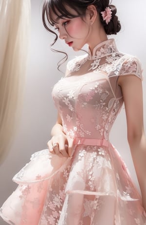 A beautifu lady with (curvy sharp), wearing (dual color dress:1.3) with (sweetheart neck:1.3), (high collar), (tiered skirt:1.3), (with head), fine floral, fine lace, delicate necklace, hairpin, black hair, catch light, lip stain, (look at viwer), (cowboy shot), solo, from front, masterpieces, RAW, best quality, high resolution, bright scene, soft color, low contrast, dressing room background