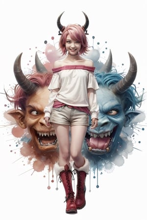 1girl, solo, looking at viewer, smile, short hair, simple background, shirt, red eyes, white background, standing, full body, pink hair, multicolored hair, boots, horns, shorts, teeth, off shoulder, colored skin, sharp teeth, monster girl, clothes writing,
