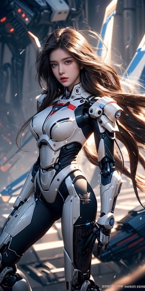 masterpiece, official art, digital illustration, best quality, 1girl, brown hair, long hair, mecha, mechanical girl, blue exosuit, black accents, mecha suit, mechanical arms, mechanical parts, beautiful eyes, (delicate face), perfect detail, perfect feet, cinematic lighting, dark studio, dark studio