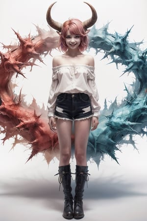 1girl, solo, looking at viewer, smile, short hair, simple background, shirt, red eyes, white background, standing, full body, pink hair, multicolored hair, boots, horns, shorts, teeth, off shoulder, colored skin, sharp teeth, monster girl, clothes writing,
High Quality, 8K Ultra HD, Photo Real, High Resolution, Ultra Detailed, Real Fingers, Masterpiece, Best Quality, Photo Real, Ultra Detailed, Fine, High Resolution, 8K Ultra HD, Sharp Focus, 