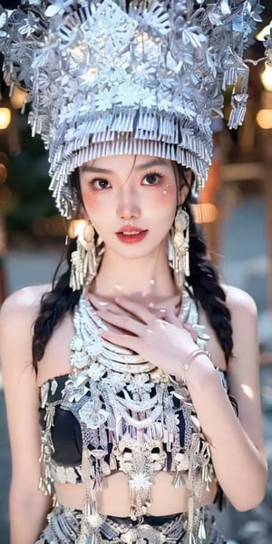1girl,face,white background,(masterpiece,best quality:1.5),QIEMANCNGIRL, MZGIRL a woman in a black and white dress, wearing a silver headdress, solo, a necklace with silver beads, sky , Crossed arms, background is the Yunnan Jade Dragon Snow Mountain, ultra realistic,32k,RAW photo,(high detailed skin:1.2), 8k uhd, dslr, soft lighting, high quality,
{{Beautiful and detailed eyes},
Detailed face, detailed eyes, slender face, real hands, cute Korean girlfriend 20 year old girl, perfect model body, looking at camera, sad smile, dynamic pose, furisode, kimono, shrine, hatsumode , medium breasts, cosmetics advertising model, her one girl is walking,perfect 38G breasts, 