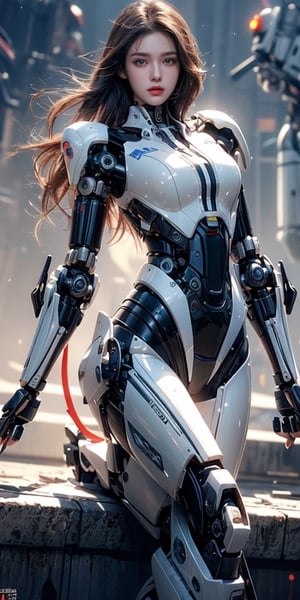 masterpiece, official art, digital illustration, best quality, 1girl, brown hair, long hair, mecha, mechanical girl, blue exosuit, black accents, mecha suit, mechanical arms, mechanical parts, beautiful eyes, (delicate face), perfect detail, perfect feet, cinematic lighting, dark studio, dark studio