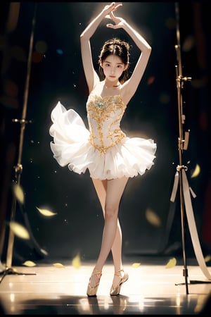 An 18-year-old Korean girl wearing ballet costume (full body) dances alone in a dimly lit studio, her movements reflected in the soft spotlight. This scene highlights her dedication and artistic loneliness, echoing themes of personal growth in Iwai Shunji's work. The atmosphere of the scene is captured with a high graininess reminiscent of ISO 800 film. ,IU,1 girl