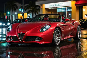Aesthetic photo of Alfa Romeo 8C SPIDER, sporty, perfect lighting, Miami, high detail, epic, motion blur, 8K UHD, raining, night, parked on the side of the road stationary, neon lights, light reflections on the car