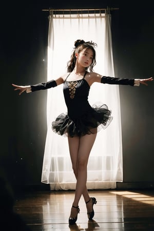 An 18-year-old Korean girl wearing ballet costume (full body) dances alone in a dimly lit studio, her movements reflected in the soft spotlight. This scene highlights her dedication and artistic loneliness, echoing themes of personal growth in Iwai Shunji's work. The atmosphere of the scene is captured with a high graininess reminiscent of ISO 800 film. ,IU,1 girl