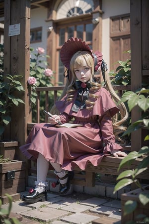 original outfit, 1girl, dress, solo, flower, rose, red dress, bonnet, sitting, long sleeves, shoes, red rose, red flower, pink rose, mary janes, bangs, pink flower, holding,  bow, capelet, black footwear, (white pantyhose),
