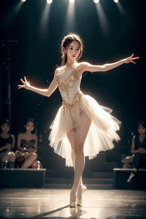 solo, An 18-year-old Korean girl wearing ballet costume (full body) dances alone in a dimly lit studio, her movements reflected in the soft spotlight. This scene highlights her dedication and artistic loneliness, echoing themes of personal growth in Iwai Shunji's work. The atmosphere of the scene is captured with a high graininess reminiscent of ISO 800 film. ,IU,1 girl