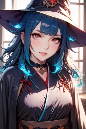 a Japanese witch girl,cyan fire hair, high quality, high resolution, high precision, realism, color correction, proper lighting settings, harmonious composition.red eyes 