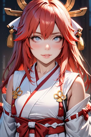 a Japanese miko girl,red fire hair, high quality, high resolution, high precision, realism, color correction, proper lighting settings, harmonious composition.