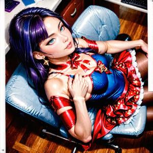 1girl, solo, raiden mei, working in an office, sitting on a chair, viewed from above, birds aerial view, viewed from side, pantyhose, earrings, layered dress, ribbon choker, tank top, detached sleeves, ((long hair):1.2), ([black hair|purple hair]), beautiful long legs, hyperrealistic:1.2, realistic, raw photo, award-winning photo, hd 8k, high resolution, mesmerizing composition, perfect details, intricate details, ethereal glamorously beautiful face, porcelain skin tone, soft bokeh, depth of field, high saturation, inspired by vogue magazine cover, photo_b00ster,mona