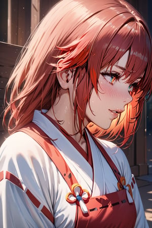 a Japanese miko girl,red fire hair, high quality, high resolution, high precision, realism, color correction, proper lighting settings, harmonious composition.