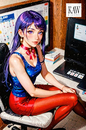 1girl, solo, raiden mei, working in an office, sitting on a chair, viewed from above, birds aerial view, viewed from side, pantyhose, earrings, layered dress, ribbon choker, tank top, detached sleeves, ((long hair):1.2), ([black hair|purple hair]), beautiful long legs, hyperrealistic:1.2, realistic, raw photo, award-winning photo, hd 8k, high resolution, mesmerizing composition, perfect details, intricate details, ethereal glamorously beautiful face, porcelain skin tone, soft bokeh, depth of field, high saturation, inspired by vogue magazine cover, photo_b00ster