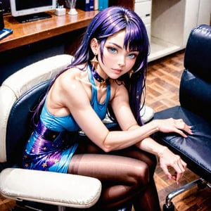 1girl, solo, raiden mei, working in an office, sitting on a chair, viewed from above, birds aerial view, viewed from side, pantyhose, earrings, layered dress, ribbon choker, tank top, detached sleeves, ((long hair):1.2), ([black hair|purple hair]), beautiful long legs, hyperrealistic:1.2, realistic, raw photo, award-winning photo, hd 8k, high resolution, mesmerizing composition, perfect details, intricate details, ethereal glamorously beautiful face, porcelain skin tone, soft bokeh, depth of field, high saturation, inspired by vogue magazine cover, photo_b00ster,mona