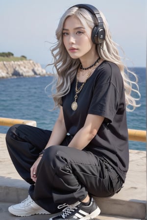 Japanese girl,grey blonde hair(very long hair, curly_hair),hiphop dancer,wearing all black clothes (loose fit top and wide cargo pants),sneakers,headphone, sitting at sea bank,horizon,seaside,accessories(necklace,ear_rings),Best Quality, 32k, photorealistic, ultra-detailed, finely detailed, high resolution, perfect dynamic composition, beautiful detailed eyes, sharp-focus, cowboy_shot, 