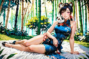 High quality, masterpiece, rayearth, 1 girl, sole female, shiny straight black hair, brigth pink eyes, panda_bear ears, qipao dress, hugging a big white tiger in a bamboo forest, full-body_portrait