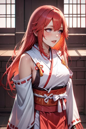 a Japanese miko girl,red fire hair, high quality, high resolution, high precision, realism, color correction, harmonious composition.