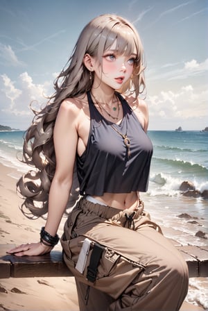 Japanese girl,grey blonde hair(very long hair, curly_hair),hiphop dancer,wearing all black clothes (loose fit top and wide cargo pants),sneakers,headphone, sitting at sea bank,horizon,seaside,accessories(necklace,ear_rings),Best Quality, 32k, photorealistic, ultra-detailed, finely detailed, high resolution, perfect dynamic composition, beautiful detailed eyes, sharp-focus, cowboy_shot, 