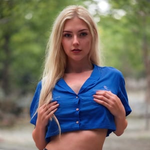 Eva Elfie,1girl, solo, long hair, breasts, looking at viewer, blonde hair, shirt, closed mouth, short sleeves, midriff, blurry, covered nipples, lips, blurry background, blue shirt, freckles, realistic,hands,Realism,Portrait,Raw photo,Photography,Sexy Pose