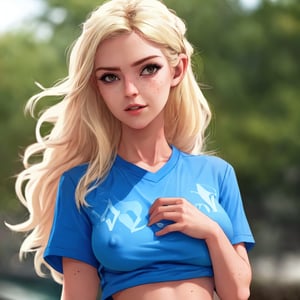 Eva Elfie,1girl, solo, long hair, breasts, looking at viewer, blonde hair, shirt, closed mouth, short sleeves, midriff, blurry, covered nipples, lips, blurry background, blue shirt, freckles, realistic,hands,Realism,Portrait,Raw photo,Photography