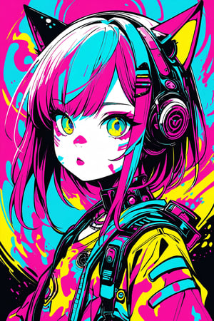 1girl, flowerpunk, neon color, loli,
cybernetic cat girl, flat color,
abstract art, 
(masterpiece), best quality, 8K, Ultra High Res, Ultra Detailed, insanely detailed,
ink painting art,