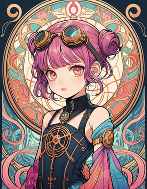 1girl, flowerpunk, loli,
A mesmerizing Art Nouveau illustration of a young girl, mathematical symbol π with intricate floral motifs and flowing lines inspired by Alphonse Mucha, pastel neon colors, swirling patterns, detailed hair,
best quality, art deco,
BREAK
mechanical arms, mechanical joints, goggles,
steampunk, dieselpunk,