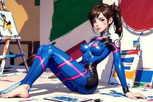 D.Va pilot, brown hair, ponytail, whisker marking, prostration, wide hip, bodypaint, body painting suit, ((thin painting)), ((partially erased painting)), shaved pussy, nipple, AG, uniformsbodypaint
