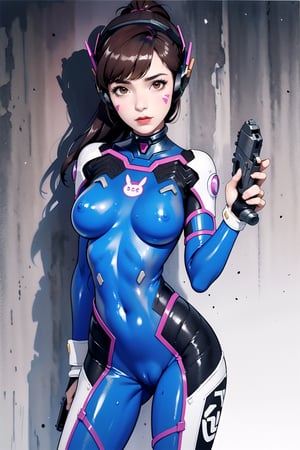 D.Va pilot, brown hair, ponytail, whisker marking,((Holding a gun)), wide hip,standing solo, bodypaint, thin painting, bodypainted suit, nipple, shaved pussy