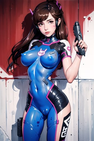 D.Va pilot, brown hair, ponytail, whisker marking,((Holding a gun)), big breasts, wide hip,standing solo, bodypaint, thin painting, bodypainted suit, partial erased painting, nipple, shaved pussy