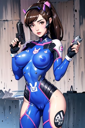 D.Va pilot, brown hair, ponytail, whisker marking,((Holding a gun)), big breasts, wide hip,standing solo, bodypaint, erased body painting, unpainted pussy, nipple, shaved pussy