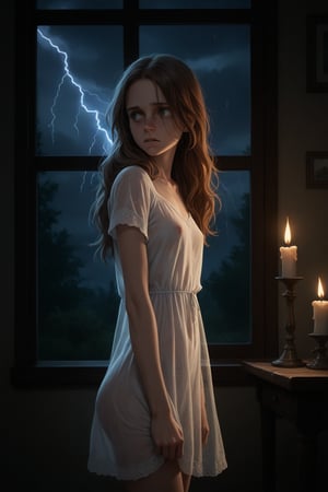 score_9, score_8_up, score_8, (solo), indoors, young girl,long hair,  see-through nightdress, cute, cel-shading, fca style, standing, night, candlelight, (too scared to sleep), sleepy, scary, (cowboy shot), side view, (looking back), score_7_up, lightning, storm, source_realistic, insaneres