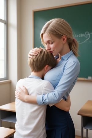 1 boy, 1 girl, couple,a girl hugging a younger boy on the head, hand on another's head, age difference, classroom