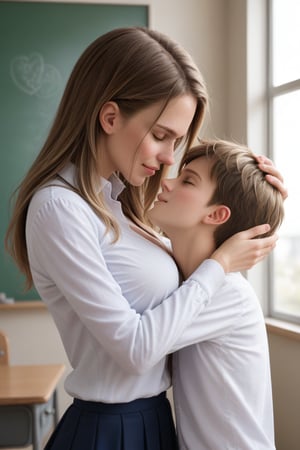 1 boy, 1 girl, couple,a girl hugging a younger boy on the head, hand on another's head, age difference, classroom