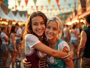 A warm, wet summer-rain scene, reminiscent of a Wes Anderson film, set against the vibrant backdrop of Munich's Oktoberfest. Two teenage girls, their faces aglow with joy, stand out amidst the festivities. The first, a young woman with chestnut curls and a warm, golden-brown complexion, beams with a bright smile as she wraps her arms around her friend, a girl with short, platinum-blonde hair and a porcelain complexion, in a warm, tender hug. The blonde girl's eyes sparkle with amusement as she playfully rolls them, her eyebrows raised in mock exasperation. Both girls wear traditional Bavarian attire, the first in a deep burgundy dirndl adorned with intricate white embroidery, the second in a bright turquoise dirndl featuring floral patterns that seem to dance in the fading light. Soft, golden light, reminiscent of a late afternoon sun, casts a warm glow over the scene, illuminating the girls' faces and the colorful banners that flutter overhead. The air is alive with the sounds of oompah music and the distant chatter of festival-goers, while the intoxicating aroma of pretzels and sausages wafts through the space, heightening the senses. The scene is captured with a warm, filmic quality, with a subtle grain and a color palette that is at once vibrant and muted, evoking the sense of a treasured, nostalgic memory., wet clothes