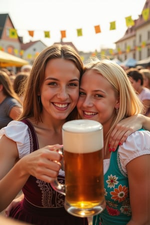 A warm, sun-kissed scene, reminiscent of a Wes Anderson film, set against the vibrant backdrop of Munich's Oktoberfest. Two teenage girls share a mug of beer, their faces aglow with joy, stand out amidst the festivities. The first, a young woman with chestnut curls and a warm, golden-brown complexion, beams with a bright smile as she wraps her arms around her friend, a girl with short, platinum-blonde hair and a porcelain complexion, in a warm, tender hug. The blonde girl's eyes sparkle with amusement as she playfully rolls them, her eyebrows raised in mock exasperation. Both girls wear traditional Bavarian attire, the first in a deep burgundy dirndl adorned with intricate white embroidery, the second in a bright turquoise dirndl featuring floral patterns that seem to dance in the fading light. Soft, golden light, reminiscent of a late afternoon sun, casts a warm glow over the scene, illuminating the girls' faces and the colorful banners that flutter overhead. The air is alive with the sounds of oompah music and the distant chatter of festival-goers, while the intoxicating aroma of pretzels and sausages wafts through the space, heightening the senses. The scene is captured with a warm, filmic quality, with a subtle grain and a color palette that is at once vibrant and muted, evoking the sense of a treasured, nostalgic memory.