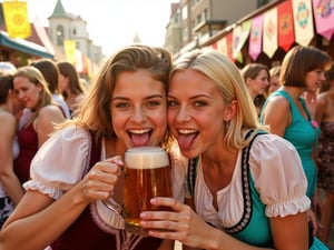 A warm, sun-kissed scene, reminiscent of a Wes Anderson film, set against the vibrant backdrop of Munich's Oktoberfest. Two teenage girls share a mug of beer, their faces aglow with joy, stand out amidst the festivities. The first, a young woman with chestnut curls and a warm, golden-brown complexion, beams with a bright smile as she wraps her arms around her friend, a girl with short, platinum-blonde hair and a porcelain complexion, in a warm, tender hug. The blonde girl's eyes sparkle with amusement as she playfully rolls them, her eyebrows raised in mock exasperation. Both girls wear traditional Bavarian attire, the first in a deep burgundy dirndl adorned with intricate white embroidery, the second in a bright turquoise dirndl featuring floral patterns that seem to dance in the fading light. Soft, golden light, reminiscent of a late afternoon sun, casts a warm glow over the scene, illuminating the girls' faces and the colorful banners that flutter overhead. The air is alive with the sounds of oompah music and the distant chatter of festival-goers, while the intoxicating aroma of pretzels and sausages wafts through the space, heightening the senses. The scene is captured with a warm, filmic quality, with a subtle grain and a color palette that is at once vibrant and muted, evoking the sense of a treasured, nostalgic memory.