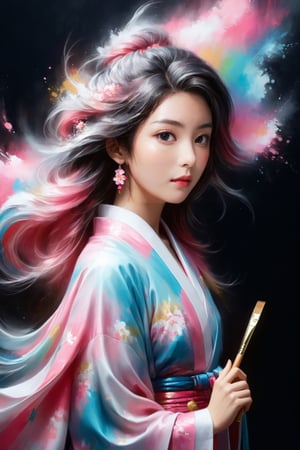 (abstract japan woman from paint,  (Grizail paint chromatic:1.5),she is wearing  thepink kimono, brush strokes  of color, water colrs, sketch,, textured, black background),aesthetic portrait,see-through,DonMB4nsh33XL ,glitter