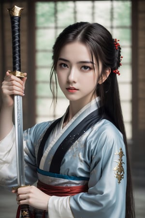 Beautiful european teen, 18 years old, silky styled hair, dreamy looking, innocence, sexy brunette, pale skin tone, submissive,
muelsyse (arknights),1girl, solo,hanfu,chinese clothes,splatter background, holding sword, best quality, amazing quality, very aesthetic, absurdres,DonMD1g174l4sc3nc10nXL 
