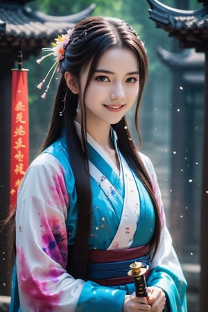 Beautiful european teen, 18 years old, silky styled hair, dreamy looking, innocence, sexy brunette, pale skin tone, look at viewer, smile,
muelsyse (arknights),1girl, solo,hanfu,chinese clothes, colorful clothes, splatter background, holding sword, best quality, amazing quality, very aesthetic, absurdres,DonMD1g174l4sc3nc10nXL ,ULTIMATE LOGO MAKER [XL],DonM3l3m3nt4lXL,Strong Backlit Particles