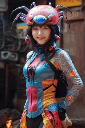 1girl, wearing the spider helmet with 4 eyes same size black eyes,  extra spider hands, bright smile, highly detailed, colorful, wearing the colorful bra, bright-colored, cinema 4k, cinematic, ethereal, magical, cosmic, full body, high resolution, ,Mechanical part,biopunk style,aesthetic portrait,HellAI,xxmixgirl,fire