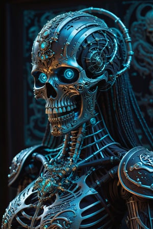(Very detailed 8K wallpaper), A masterfully detailed portrait of a sinister necromancer, their face shrouded in darkness, a cyborg skeleton companion lurking ominously in the shadows. bioluminescent crystalline human skeleton, The artwork is rendered in a highly detailed and dramatic steampunk fantasy style, featuring a retro-futuristic female robot with intricate design elements.,photo r3al