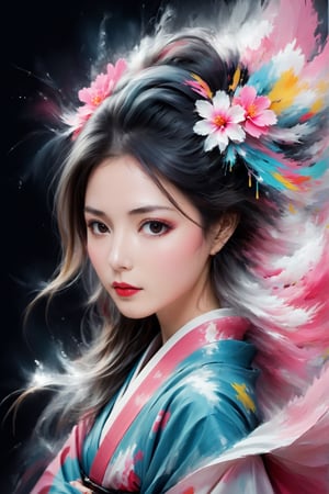 (abstract japan woman from paint,  (Grizail paint chromatic:1.5),she is wearing  the pink kimono, brush strokes of color, water colrs, sketch, prefect beasts, textured, black background),aesthetic portrait,see-through,DonMB4nsh33XL ,glitter