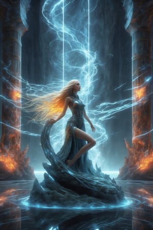 1girl, solo, long hair, blonde hair, tail, nude, monster girl, rock, pillar, column, hand up and colorful stone on the hand, masterpiece, top quality, best quality, official art, beautiful and aesthetic,  extreme detailed,(abstract, fractal art:1.3),colorful hair,highest detailed, detailed_eyes, fire, water, ice, lightning, light_particles, ghost, cinematic moviemaker style,xxmix_girl,glass shiny style,DonM3lv3nM4g1cXL,Time Travel Style