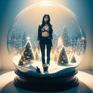  best quality, hight detailed, ultra realistic,  nature, Snow Globe, Christmas style, 1 girl standing inside the snow globe, a lingerie model, wears a 247 lingerie Deep-V bra, Mikami Yua style, slim blue jeans, soft clothes, full body, slim_waist, blue jean, looking at viewer,
