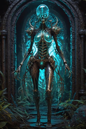 (Very detailed 8K wallpaper), A masterfully detailed portrait of a sinister necromancer absolute full body and legs and feet, their face shrouded in darkness, a bioluminescent crystalline skeleton companion lurking ominously in the shadows. The artwork is rendered in a highly detailed and dramatic steampunk fantasy style, featuring a retro-futuristic female robot with intricate design elements, half body, clear warist, 