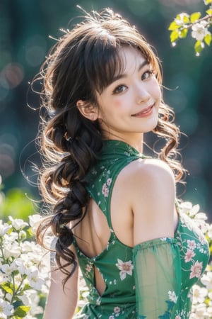 (Fujifilm), Real photo, a Japanese woman, 19 years old girl, wearing a pink china cheongsam, smiling, the pink cherry blossom petals are flying all over the picture, clear and bright, super High quality, exquisite details, delicate and clear facial features, full body, 1 girl, Double exposure, real person, Dusk, twilight, sunshine light from back, china dress with heart cutout