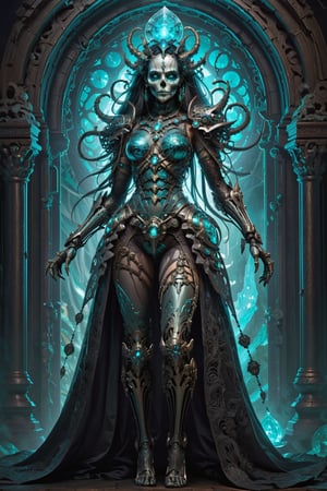(Very detailed 8K wallpaper), A masterfully detailed portrait of a sinister necromancer absolute full body and legs and feet, their face shrouded in darkness, a bioluminescent crystalline skeleton companion lurking ominously in the shadows. The artwork is rendered in a highly detailed and dramatic steampunk fantasy style, featuring a retro-futuristic female robot with intricate design elements, half body, clear warist, 
