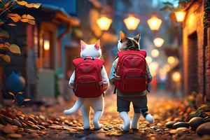 two cute kittens with backpacks are standing next to each other, in the style of daz3d, isaac cordal, studyblr, soft, romantic scenes, rinpa school, doug hyde, warm tones --v 6.0
        ,jinjianceng
