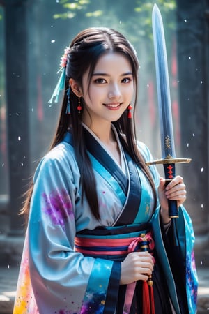 Beautiful european teen, 18 years old, silky styled hair, dreamy looking, innocence, sexy brunette, pale skin tone, look at viewer, smile,
muelsyse (arknights),1girl, solo,hanfu,chinese clothes, colorful clothes, splatter background, holding sword, best quality, amazing quality, very aesthetic, absurdres,DonMD1g174l4sc3nc10nXL ,ULTIMATE LOGO MAKER [XL],DonM3l3m3nt4lXL,Strong Backlit Particles